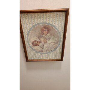Vintage sleeping child baby,wood frame, baby blue frame,glass front,childre